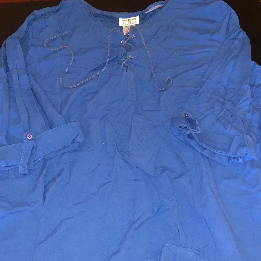 Blue Lace Up 3/4 Rolled Sleeve Top